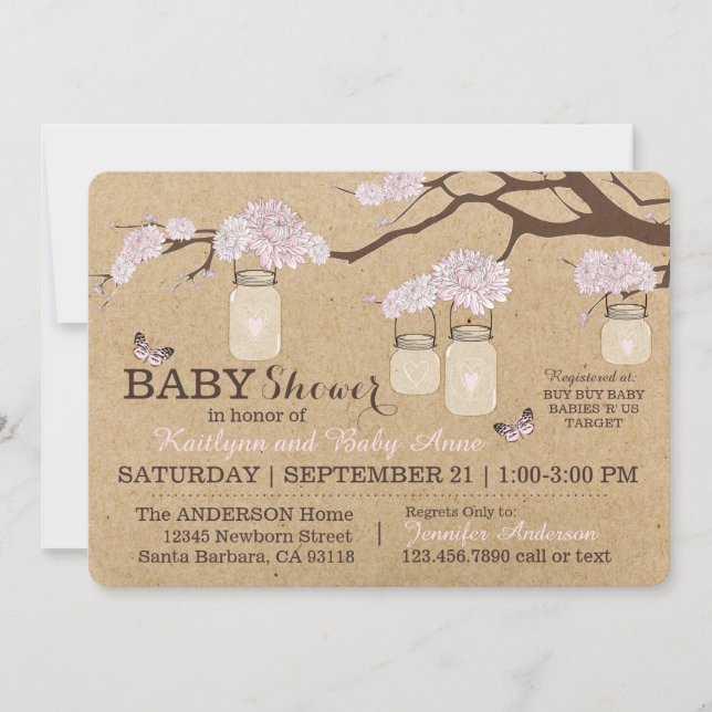 Rustic Kraft Modern Floral Hanging Jar Baby Shower Invitation (Front)