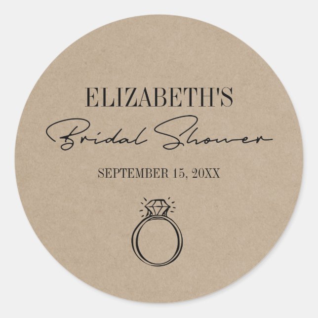 Rustic Kraft Modern Script Bridal Shower With Ring Classic Round Sticker (Front)