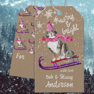 Rustic Kraft Mountain Dog Merry & Bright Sledding Gift Tags