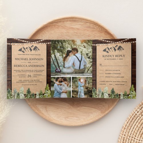 Rustic Kraft Mountain Forest Photo Collage Wedding Tri_Fold Invitation