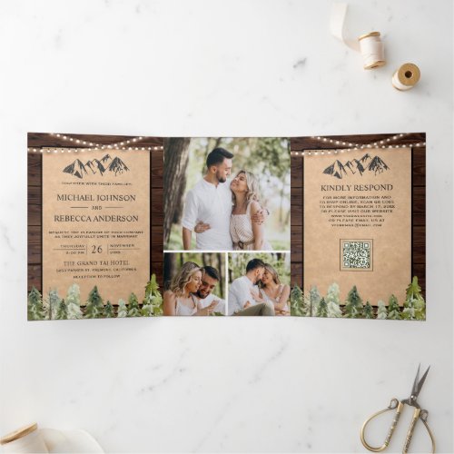 Rustic Kraft Mountain Forest Photo QR Code Wedding Tri-Fold Invitation