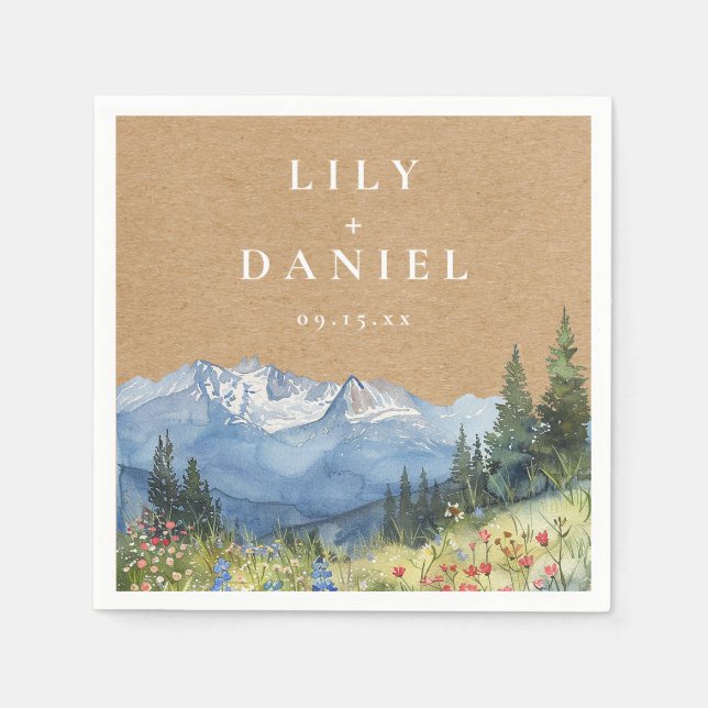 Rustic Kraft Mountain Wildflower Wedding Napkins (Front)