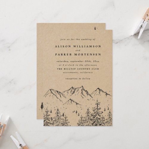 Rustic Kraft Mountains  Pines Wedding Photo Invitation