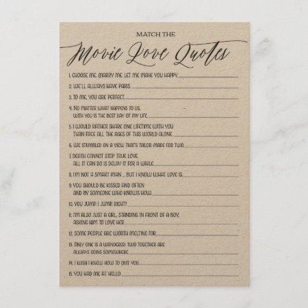 Rustic Kraft Movie Love Quotes Bridal Shower Game Enclosure Card