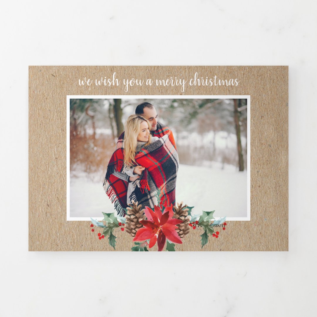Rustic kraft multi photo Christmas TriFold Holiday Card Zazzle