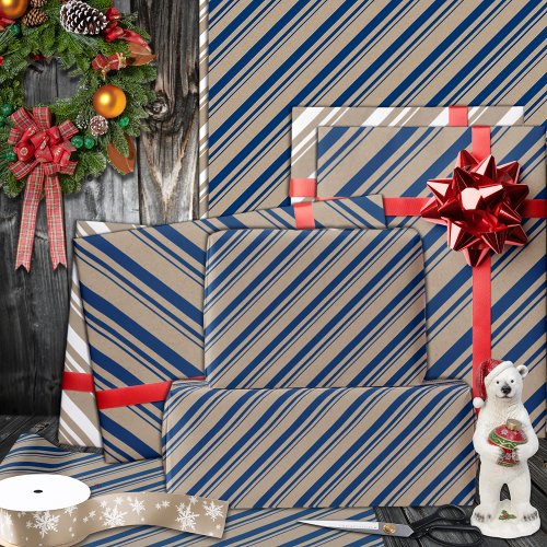 Rustic Kraft Navy Blue Candy Stripes Holiday Wrapping Paper