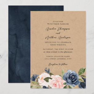 Rustic Kraft Navy Blush Floral Wedding Invitation