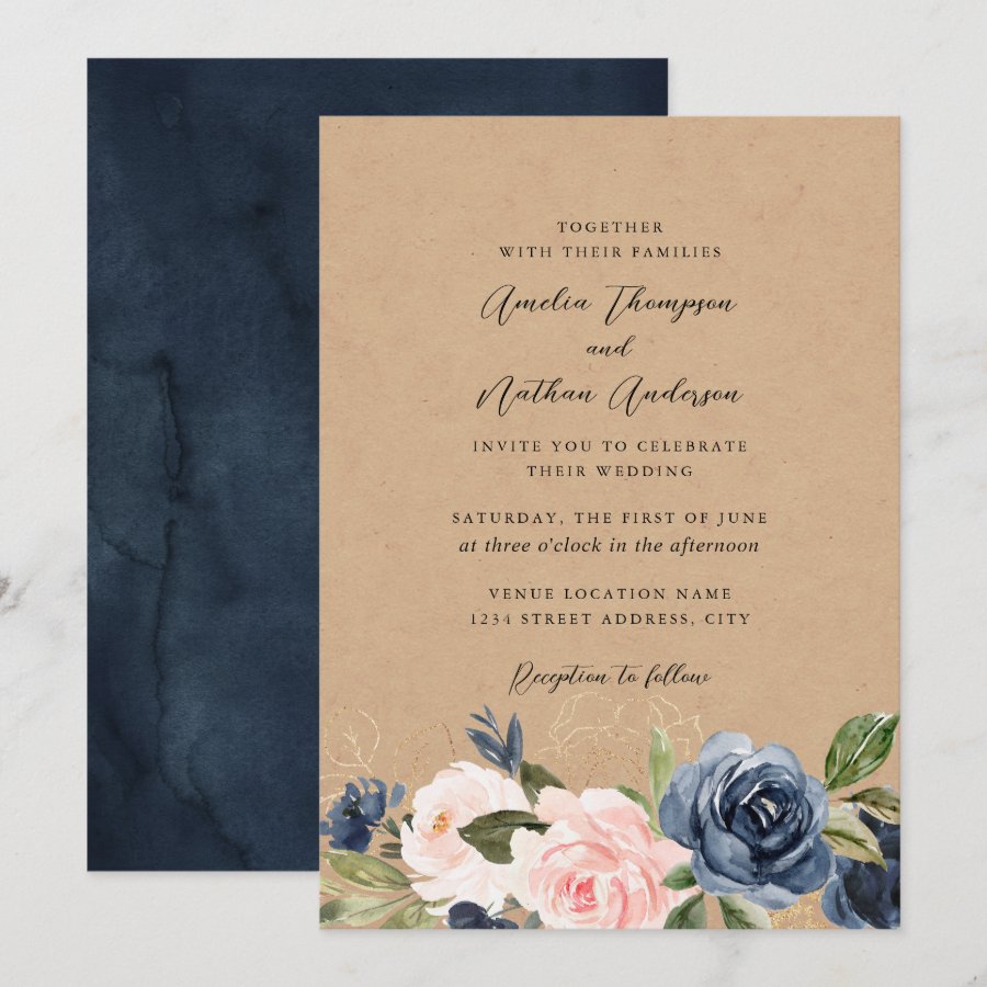 Rustic Kraft Navy Blush Floral Wedding Invitation