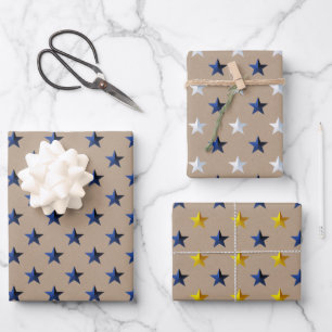 Rustic Kraft Navy Gold Silver Stars Christmas  Wrapping Paper Sheets