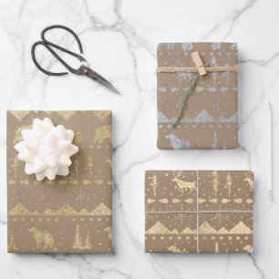Rustic Kraft Nordic Sweater Gold Mix Winter Animal Wrapping Paper Sheets