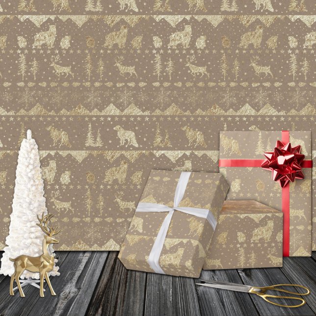 Rustic Kraft Nordic Sweater Gold Winter Animals Wrapping Paper Sheets (Rustic Kraft Nordic Sweater Gold Winter Animals Christmas Holiday Gift Wrapping Paper Sheets Trio)