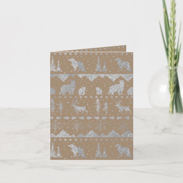Rustic Kraft Nordic Sweater Silver Winter Animals Holiday Card (Front)