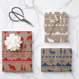 Rustic Kraft Nordic Sweater Winter Animals 3 Color Wrapping Paper Sheets