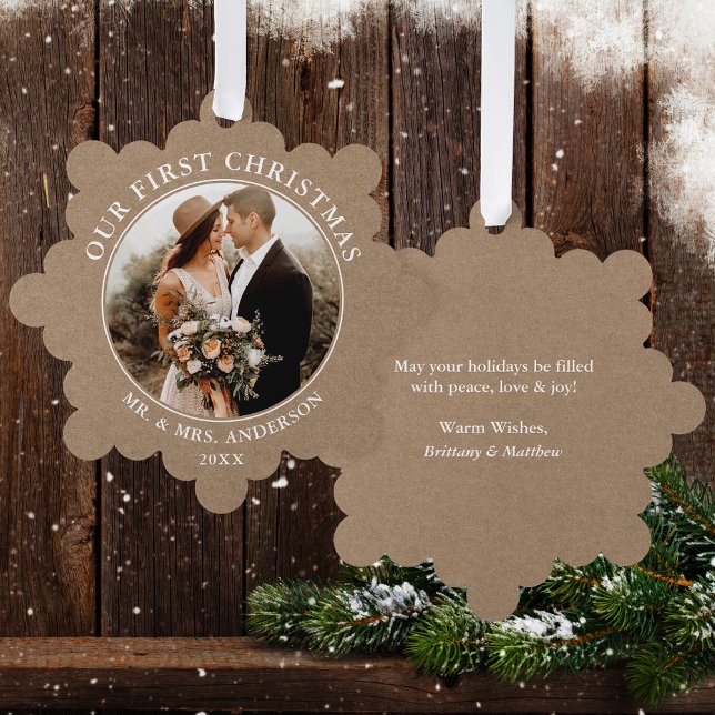 Rustic Kraft Our First Christmas Couple Photo Ornament Card (A greeting card that is also an ornament! Customize with your photo and personalized text.)