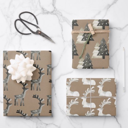 Rustic Kraft Painted Wood Reindeer Christmas Trees Wrapping Paper Sheets