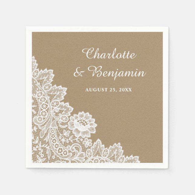 Rustic Kraft Paper and Lace Wedding Napkins (Front)