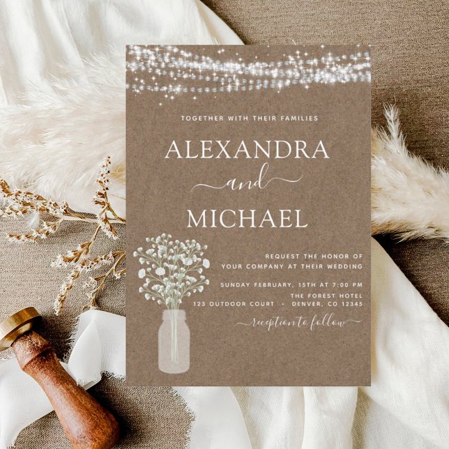 Rustic Kraft Paper Baby's Breath Jar Wedding Invitation (Creator Uploaded)