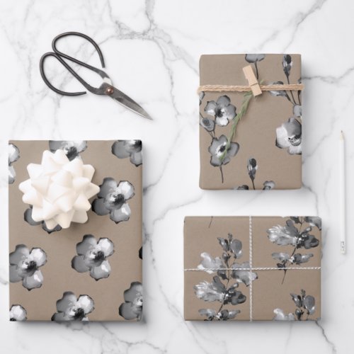 Rustic Kraft Paper Black White Gray Flower Petals