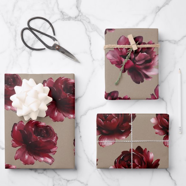 Rustic Kraft Paper Burgundy Red Peonies (Front)