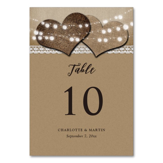 Rustic Kraft Paper Burlap Hearts Country Wedding Table Number (Front)
