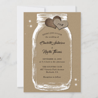 Rustic Kraft Paper Burlap Hearts Mason Jar Wedding Invitation