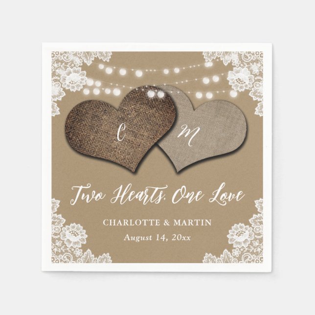 Rustic Kraft Paper Burlap Lace Monogram Wedding Napkins (Front)