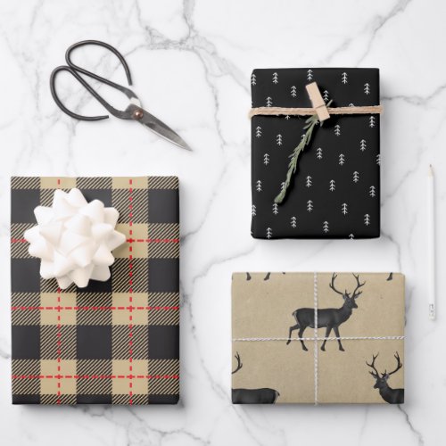 Rustic Kraft Paper  Christmas Plaid Deer Antler