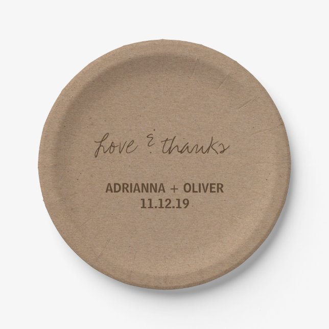 Rustic Kraft Paper Country Wedding Love & Thanks Paper Plates (Front)