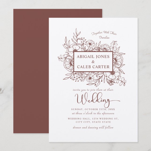 Rustic Kraft Paper Floral Sketch Wedding Invitatio Invitation (Front/Back)