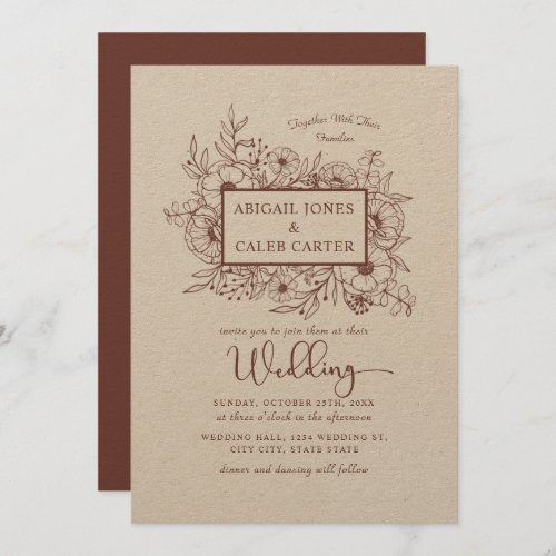 Rustic Kraft Paper Floral Sketch Wedding Invitatio Invitation