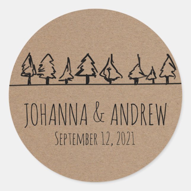 Rustic Kraft Paper Forest Tree Wedding Classic Round Sticker (Front)