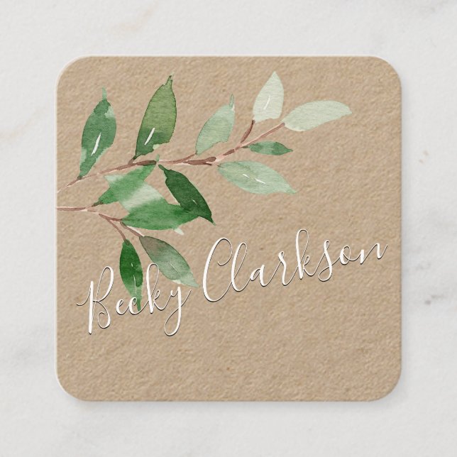 Rustic Kraft Paper Greenery White Script Square Business Card (Front)