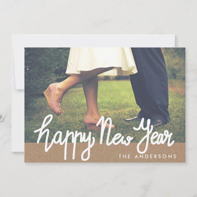 Rustic Kraft Paper Happy New Year Typography Photo Holiday Card (Front)