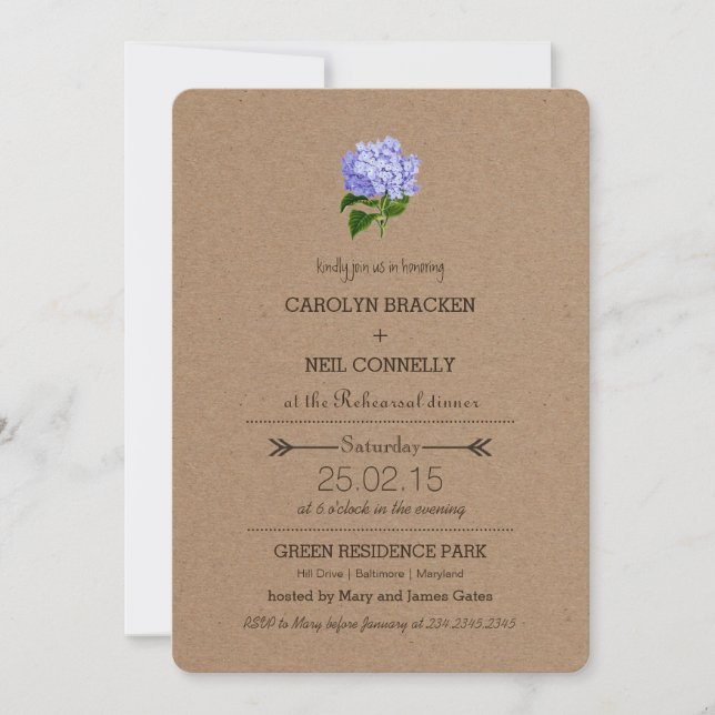 Rustic Kraft Paper Hydrangea Rehearsal Dinner Invitation (Front)
