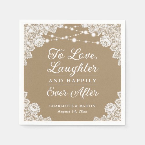 Rustic Kraft Paper Lace Happily Ever After Wedding Napkins