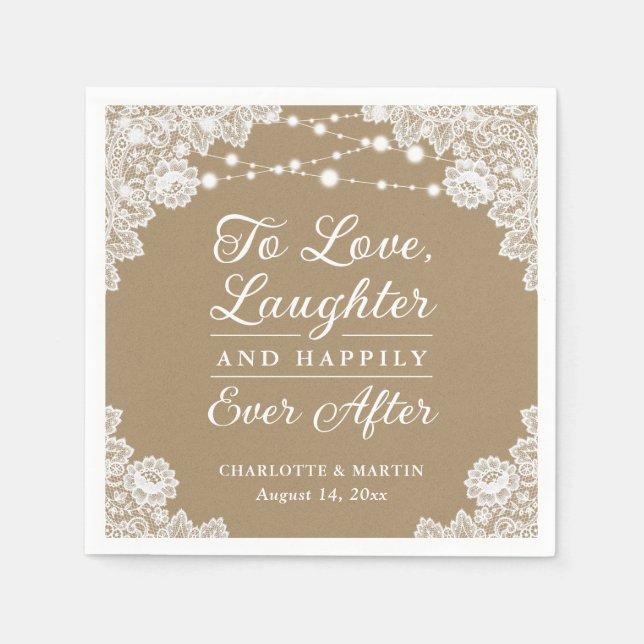 Rustic Kraft Paper Lace Happily Ever After Wedding Napkins (Front)