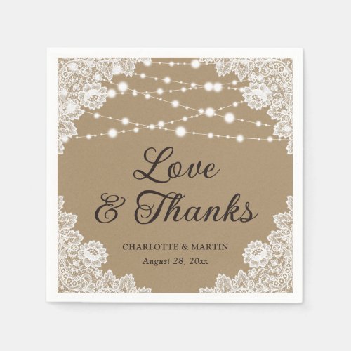 Rustic Kraft Paper Lace Love and Thanks Wedding Napkins