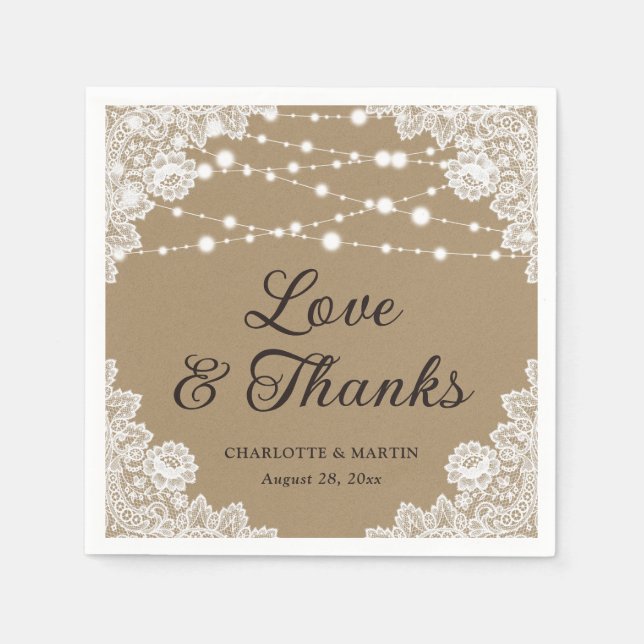 Rustic Kraft Paper Lace Love and Thanks Wedding Napkins (Front)