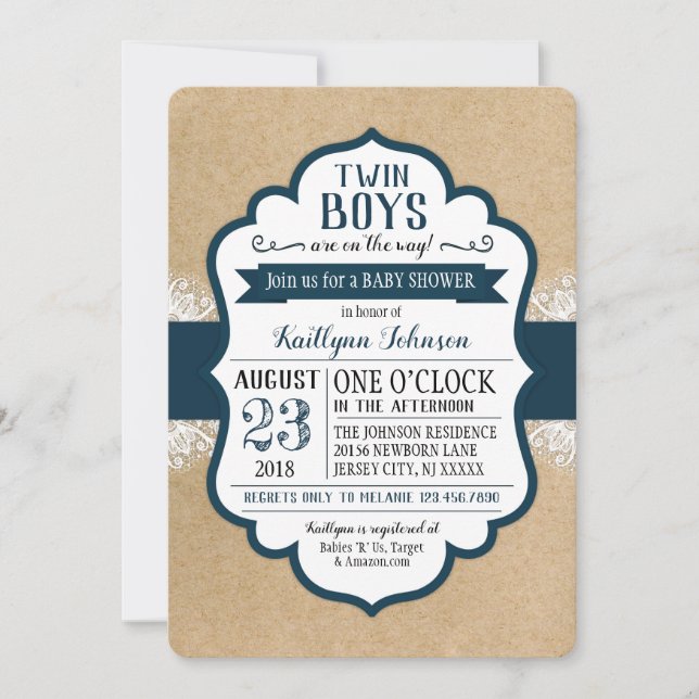 Rustic Kraft Paper Lace Navy Baby Shower Invitation (Front)