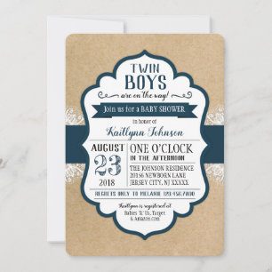 Rustic Kraft Paper Lace Navy Baby Shower Invitation