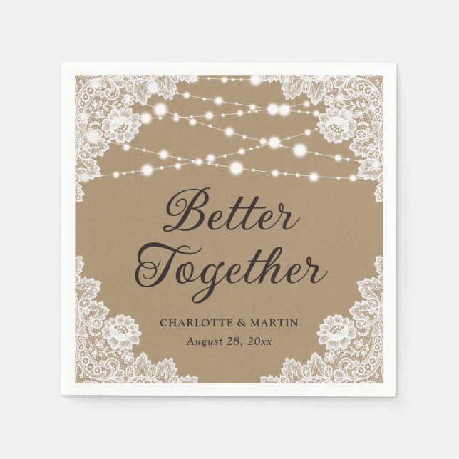 Rustic Kraft Paper Lace String Lights Wedding Napkins (Front)