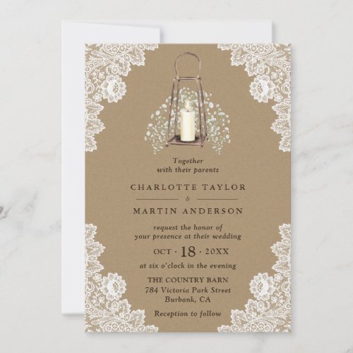 Rustic Kraft Paper Lantern Babys Breath Wedding Invitation