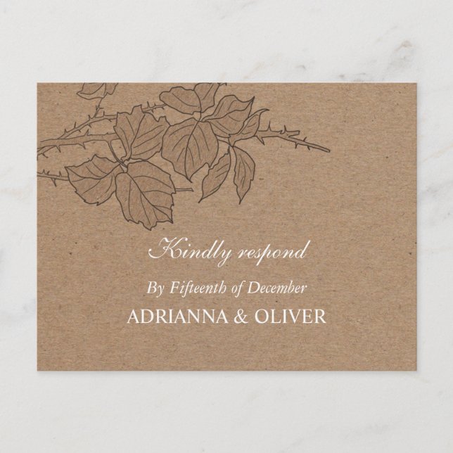 Rustic Kraft Paper Leaves Pattern Wedding RSVP Invitation Postcard (Front)