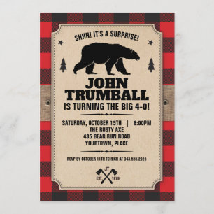 Rustic Kraft Paper Look Buffalo Plaid with Bear Invitation