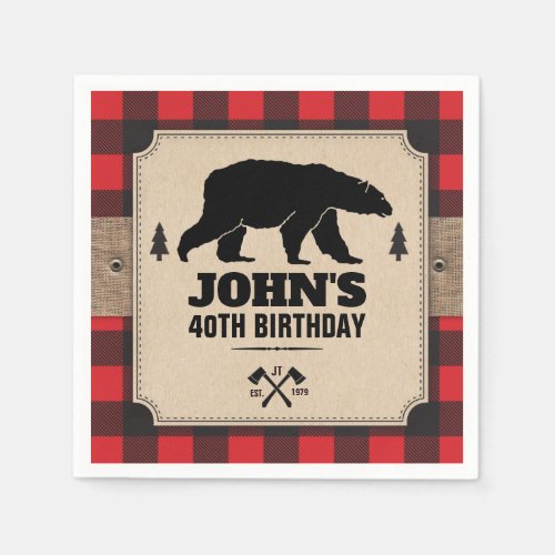 Rustic Kraft Paper Look Buffalo Plaid with Bear Napkins