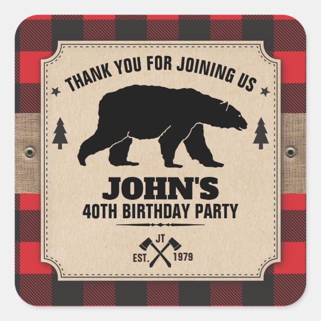 Rustic Kraft Paper Look Buffalo Plaid with Bear Square Sticker (Front)