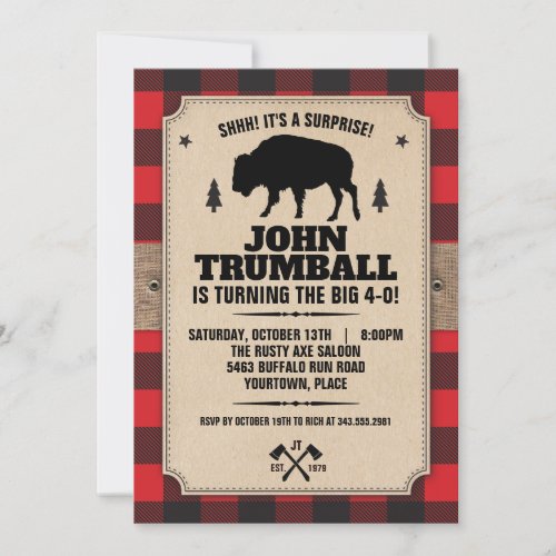 Rustic Kraft Paper Look Buffalo Plaid with Bison Invitation