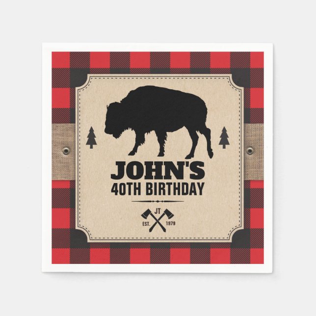 Rustic Kraft Paper Look Buffalo Plaid with Bison Napkins (Front)