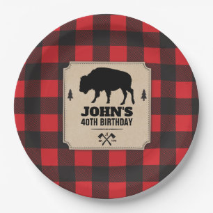 Rustic Kraft Paper Look Buffalo Plaid with Bison Paper Plates