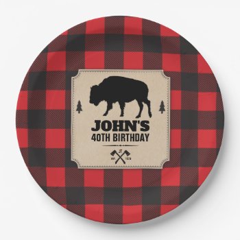 Rustic Kraft Paper Look Buffalo Plaid With Bison Paper Plates by starstreamdesign at Zazzle